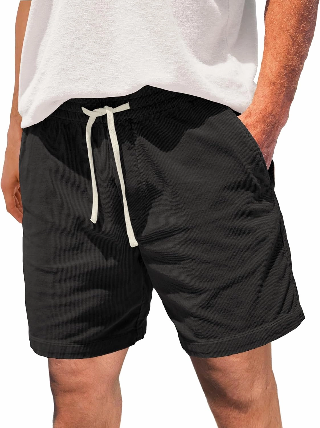 Men's Corduroy Shorts 5 Inch Inseam Drawstring Elastic Waist Lightweight Casual Summer Beach Shorts with Pocket