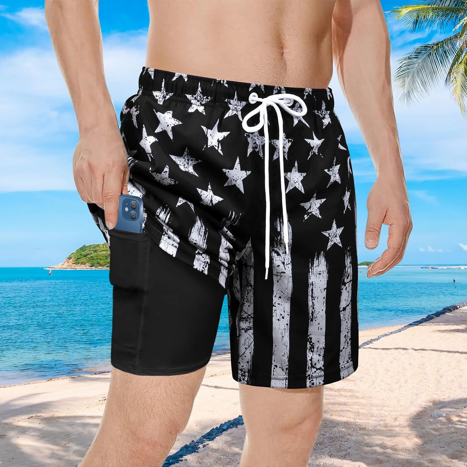 Men's Swim Trunks with Compression Liner Bathing Suits Swimwear Swimming Board Beach Shorts 7 Quick Dry Swimsuit