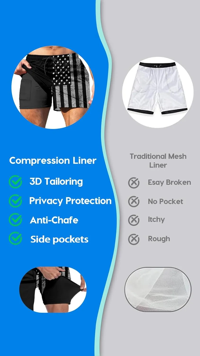 Men's Swim Trunk 5" with Compression Liner 5 Inch Quick Dry Board Shorts Zipper Pocket
