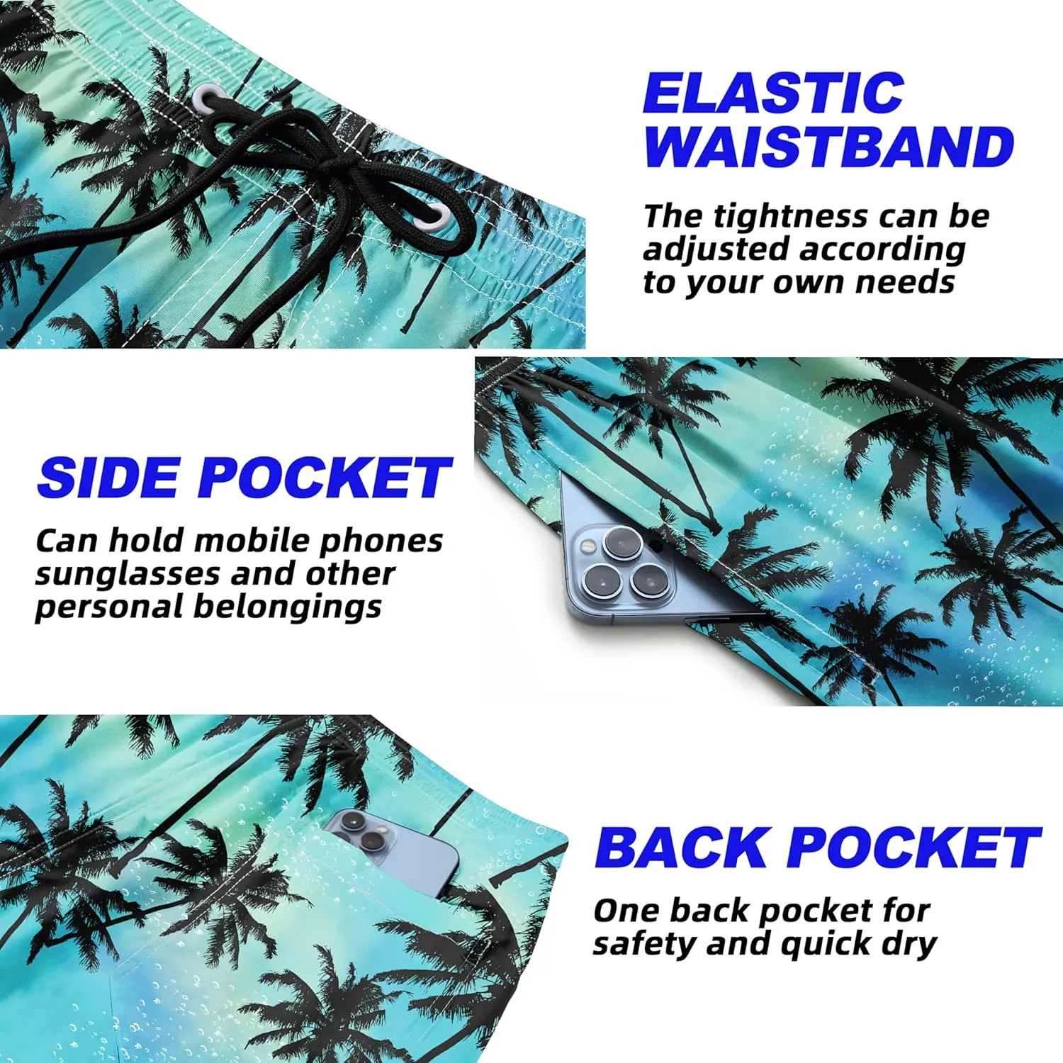 Mens Swim Trunks Quick Dry Board Shorts with Mesh Lining, Breathable Fit Print Beach Shorts Swimwear Bathing Suits