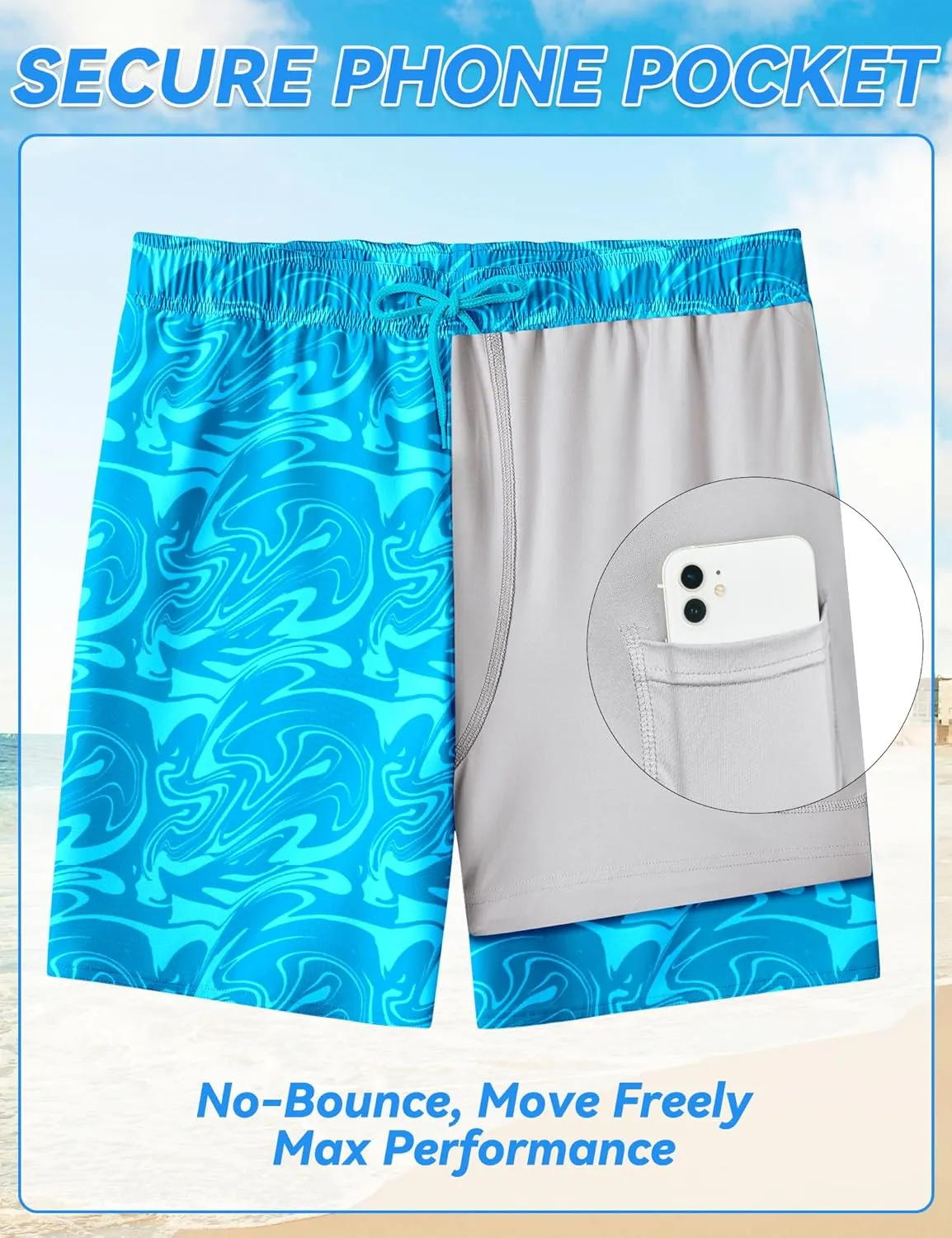 Mens Swim Trunks with Compression Liner 8 inch Quick-Dry Lightweight 2 in 1 Board Shorts 4-Way Stretch UPF 50 