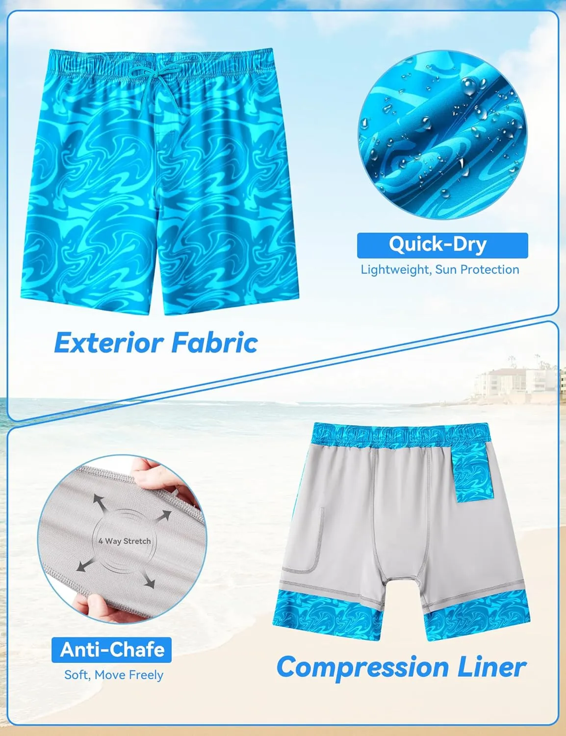 Mens Swim Trunks with Compression Liner 8 inch Quick-Dry Lightweight 2 in 1 Board Shorts 4-Way Stretch UPF 50 
