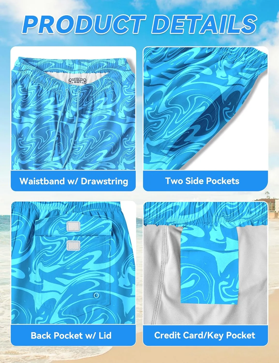 Mens Swim Trunks with Compression Liner 8 inch Quick-Dry Lightweight 2 in 1 Board Shorts 4-Way Stretch UPF 50 