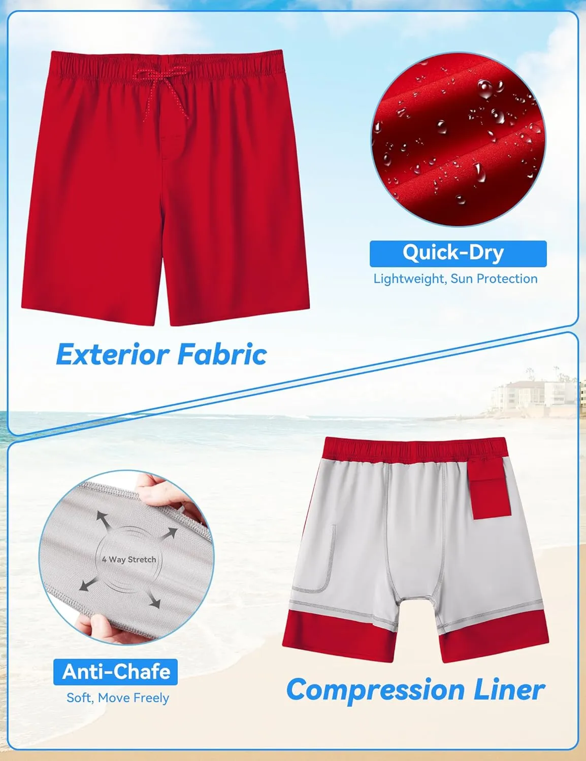 Mens Swim Trunks with Compression Liner 8 inch Quick-Dry Lightweight 2 in 1 Board Shorts 4-Way Stretch UPF 50 