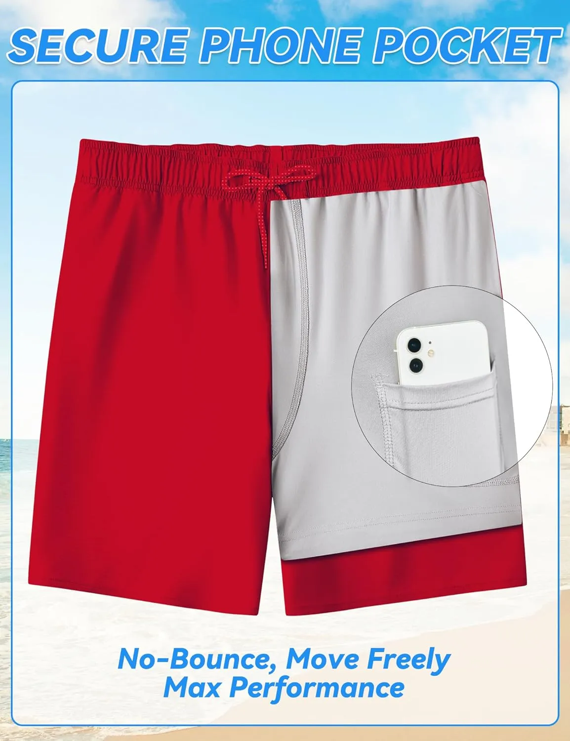 Mens Swim Trunks with Compression Liner 8 inch Quick-Dry Lightweight 2 in 1 Board Shorts 4-Way Stretch UPF 50 
