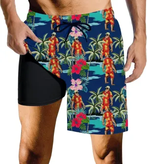 Mens Swim Trunks with Compression Liner Quick Dry Zipper Pocket Bathing