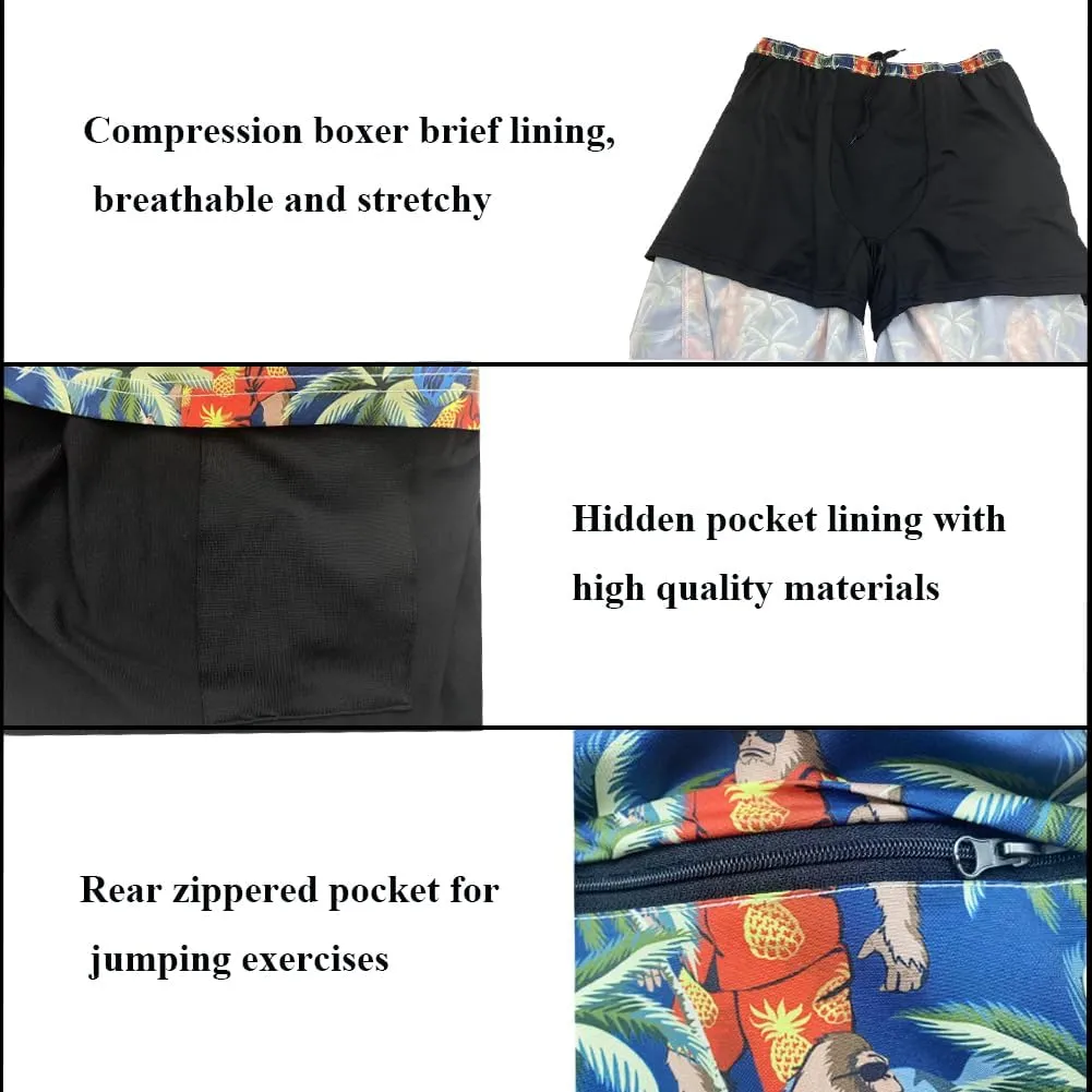 Mens Swim Trunks with Compression Liner Quick Dry Zipper Pocket Bathing