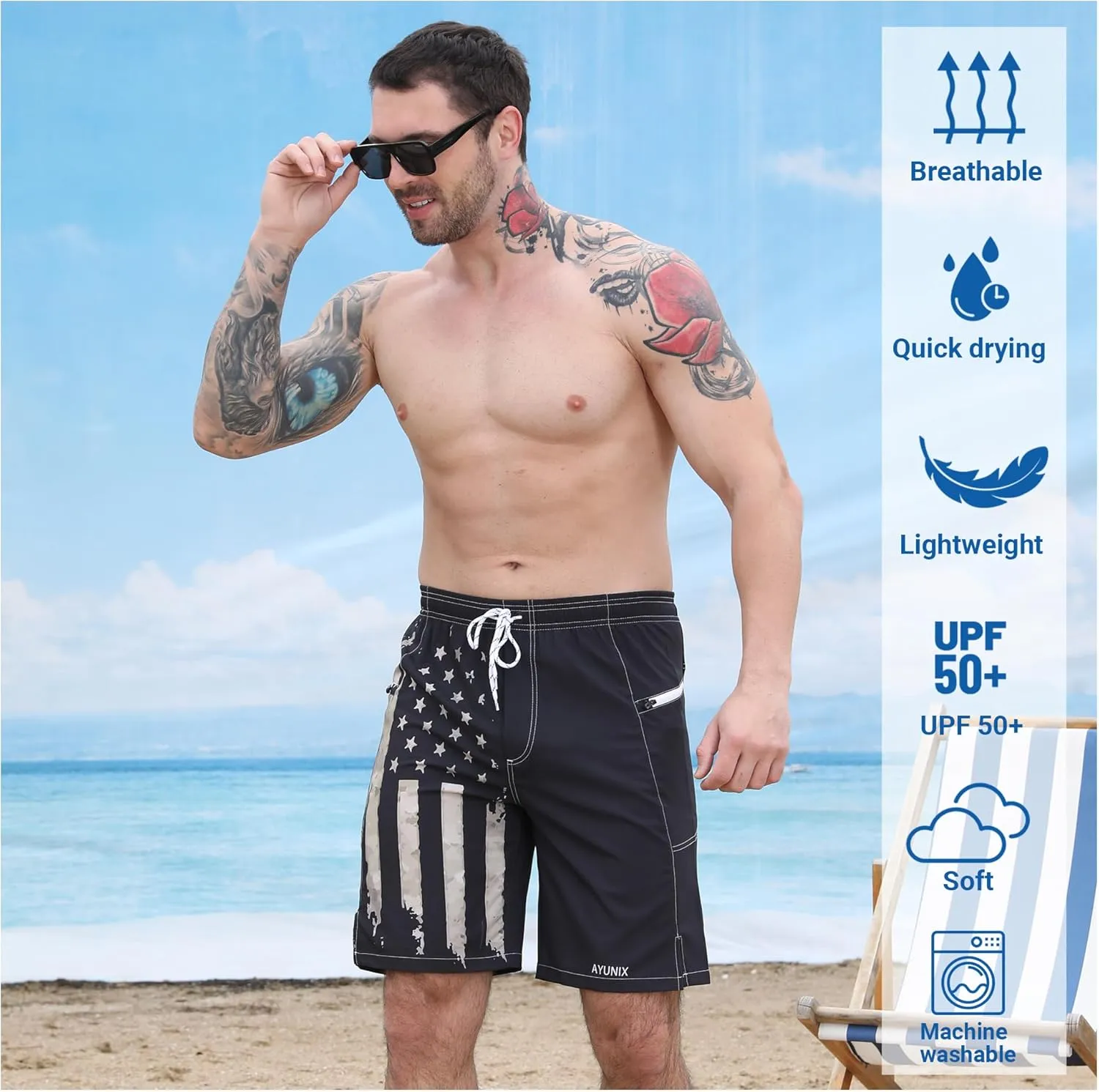 Men's Swim Trunks with Compression Liner Swim Shorts Board Shorts 9 Inch Quick Dry Bathing Suit with Zipper Pockets