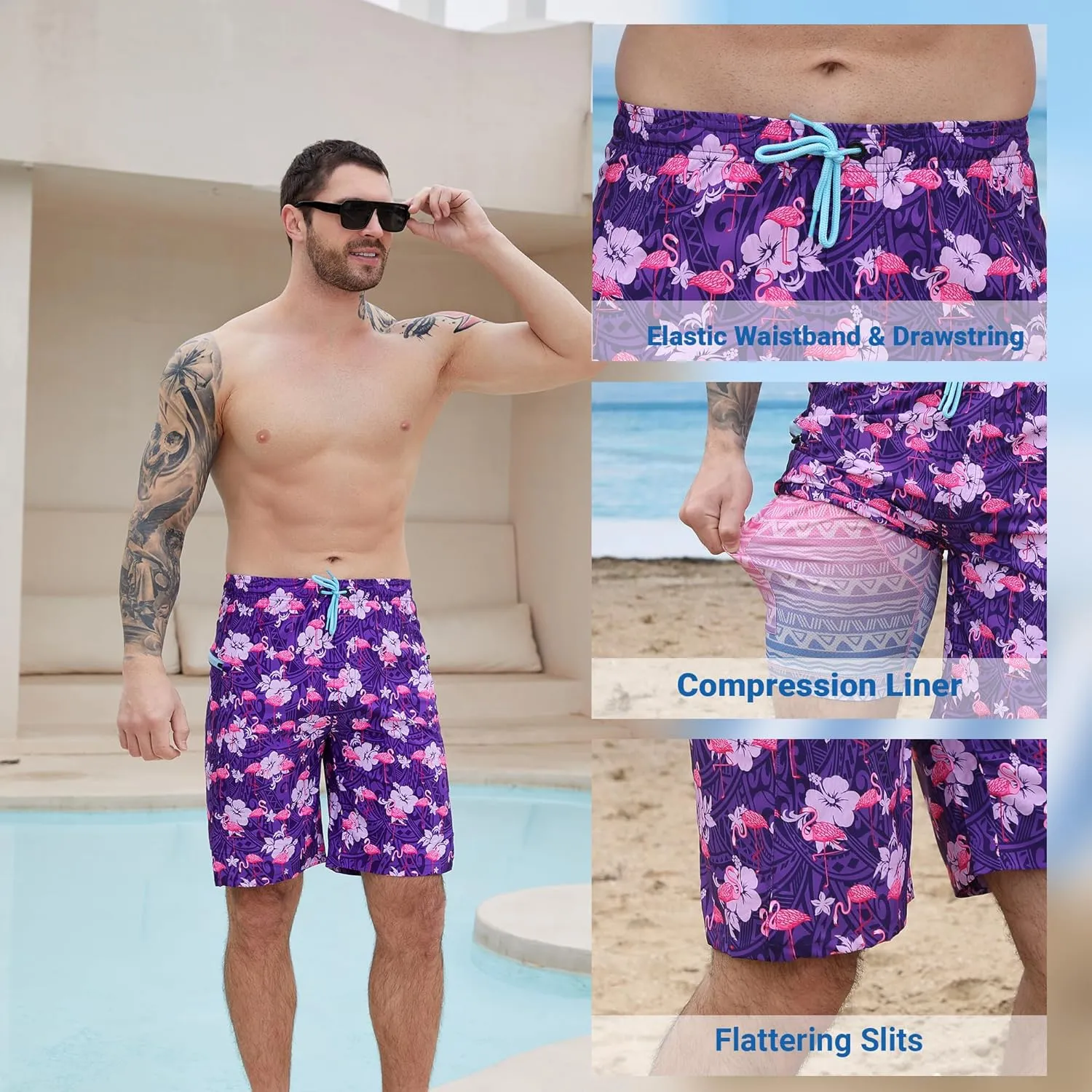 Men's Swim Trunks with Compression Liner Swim Shorts Board Shorts 9 Inch Quick Dry Bathing Suit with Zipper Pockets