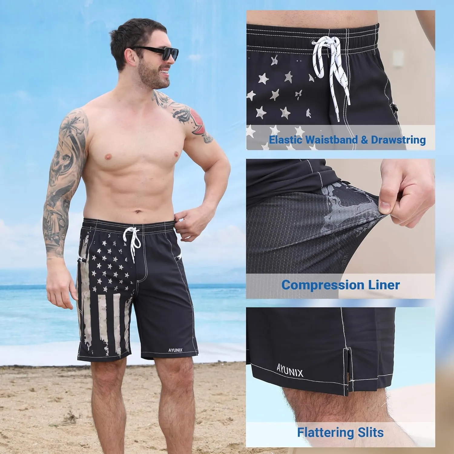 Men's Swim Trunks with Compression Liner Swim Shorts Board Shorts 9 Inch Quick Dry Bathing Suit with Zipper Pockets