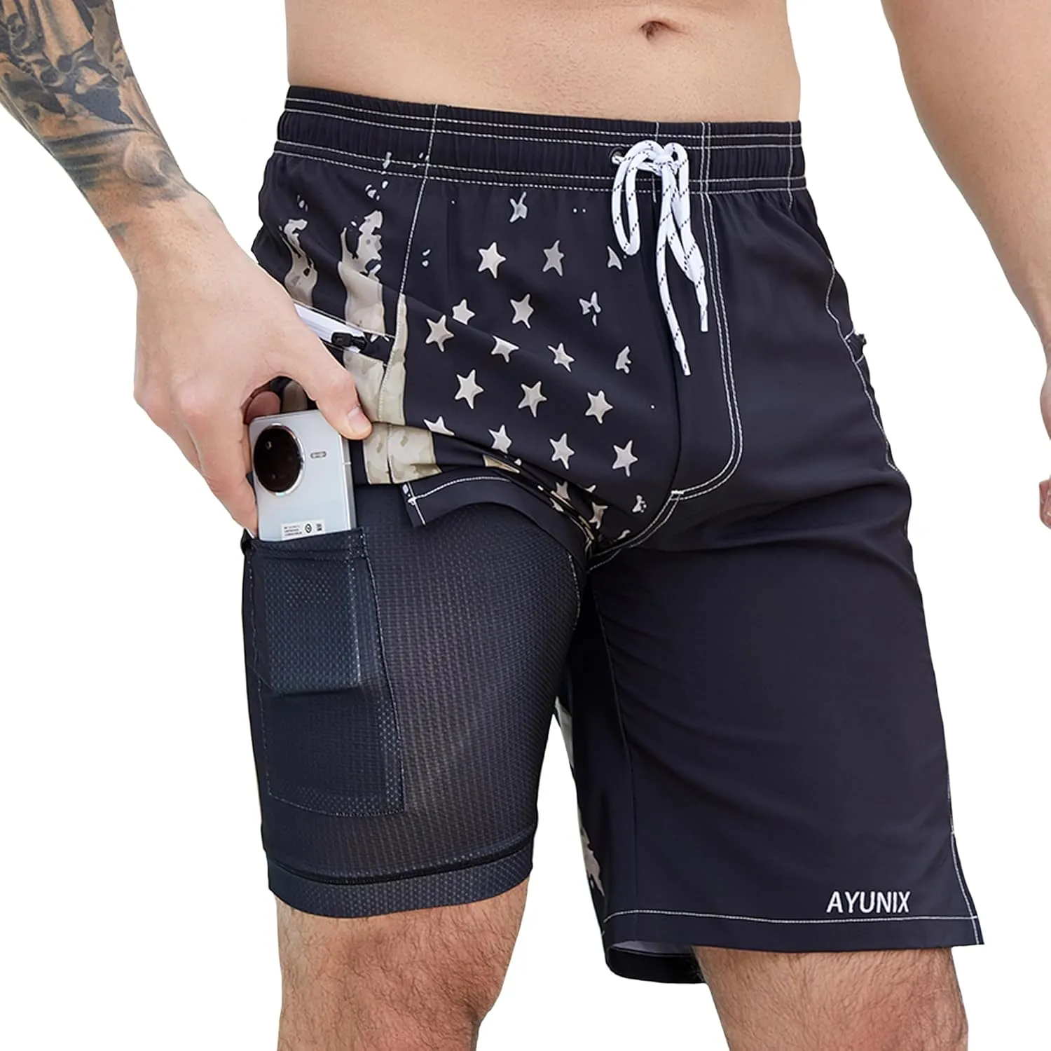 Men's Swim Trunks with Compression Liner Swim Shorts Board Shorts 9 Inch Quick Dry Bathing Suit with Zipper Pockets