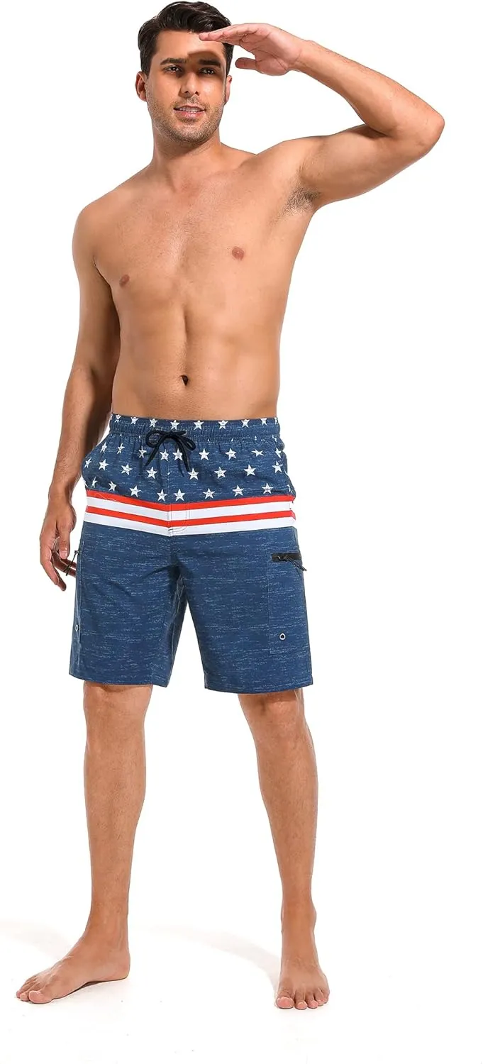 Mens Swim Trunks with Compression Liner Zipper Cargo Pockets Bathing Suit 9 Inch Quick-Dry Swimming Shorts