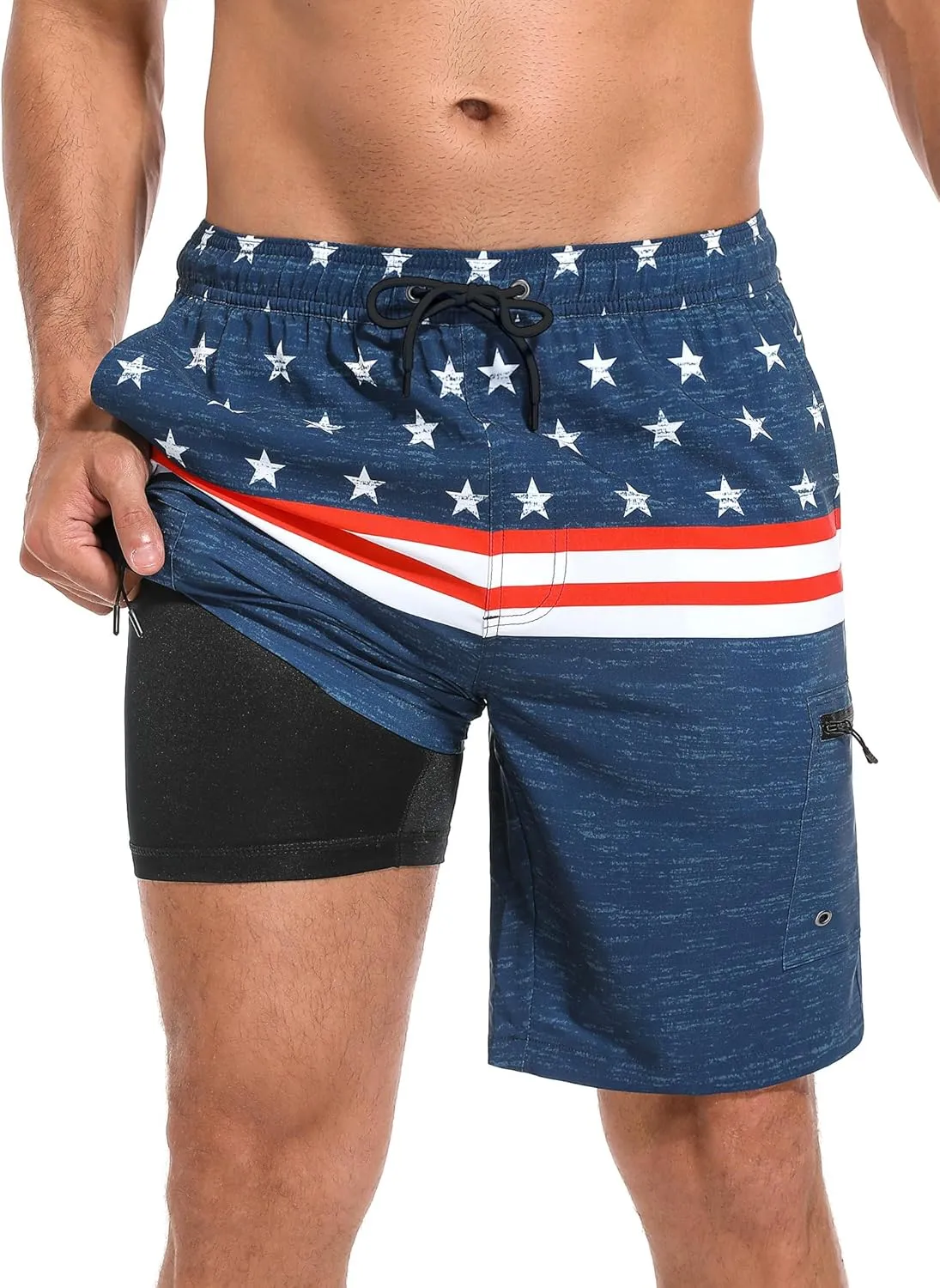 Mens Swim Trunks with Compression Liner Zipper Cargo Pockets Bathing Suit 9 Inch Quick-Dry Swimming Shorts