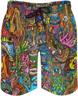 Mens Trippy Psychedelic Swim Trunks Beach Board Shorts with Mesh Lining and Pockets