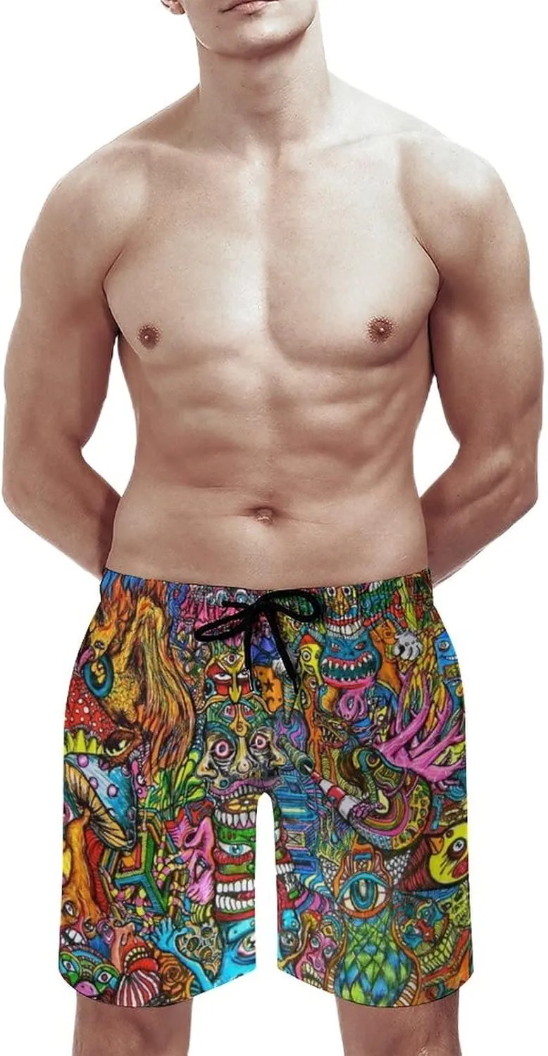 Mens Trippy Psychedelic Swim Trunks Beach Board Shorts with Mesh Lining and Pockets