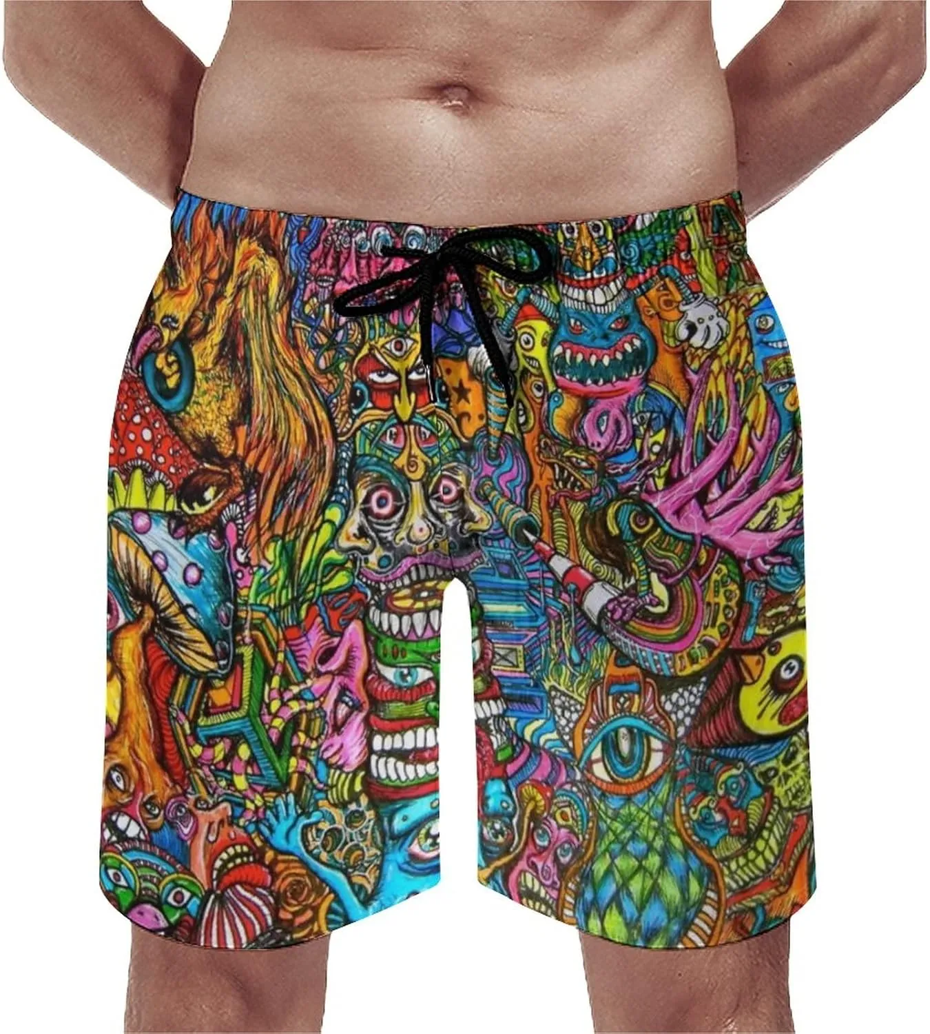Mens Trippy Psychedelic Swim Trunks Beach Board Shorts with Mesh Lining and Pockets