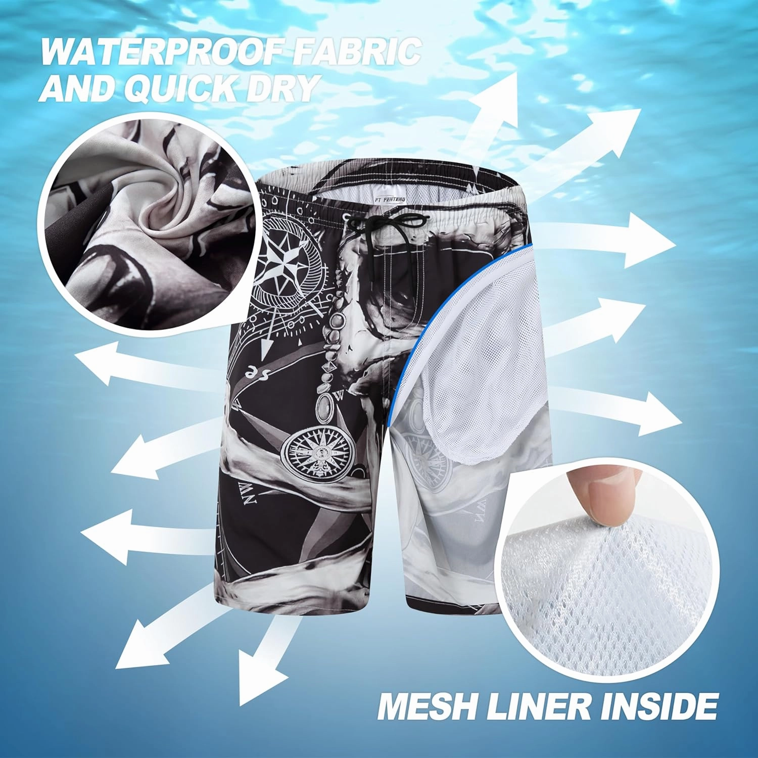 Mens Swim Trunks Quick Dry Board Shorts with Mesh Lining, Breathable Surf Beach Shorts Swimwear Bathing Suits