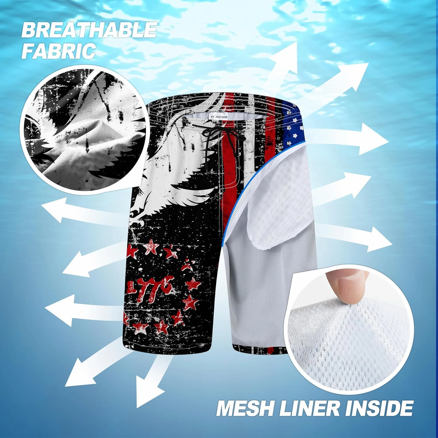 Mens Swim Trunks Quick Dry Board Shorts with Mesh Lining, Breathable Surf Beach Shorts Swimwear Bathing Suits
