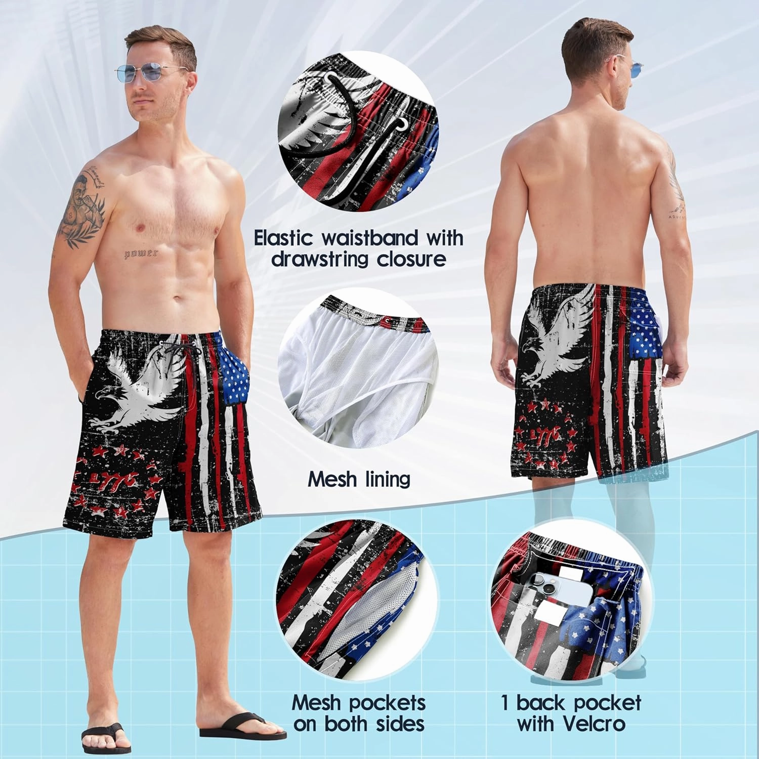 Mens Swim Trunks Quick Dry Board Shorts with Mesh Lining, Breathable Surf Beach Shorts Swimwear Bathing Suits
