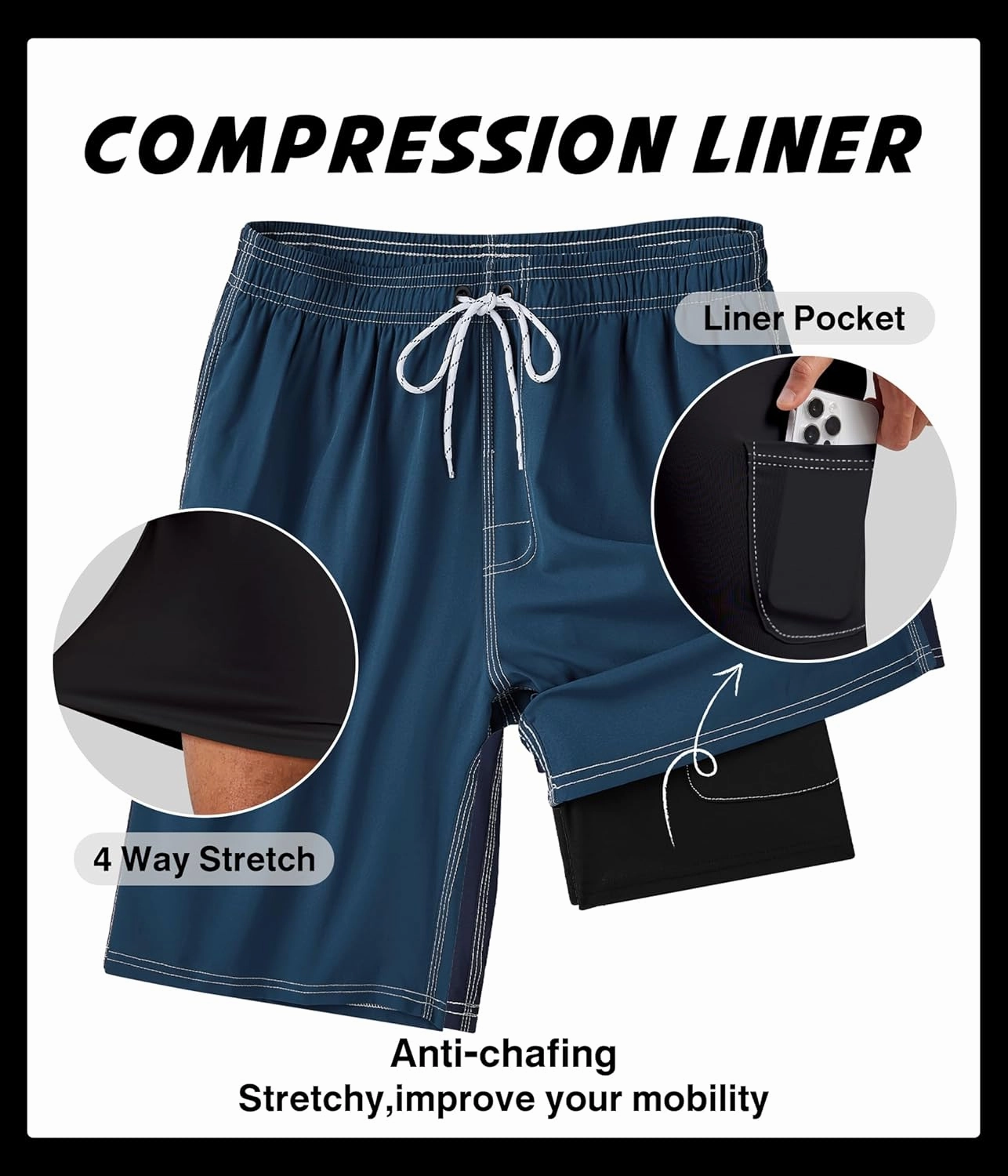 Mens Swim Trunks with Compression Liner 9" Swim Trunks Quick Dry Surfing Beach Shorts Hawaii Sports Shorts