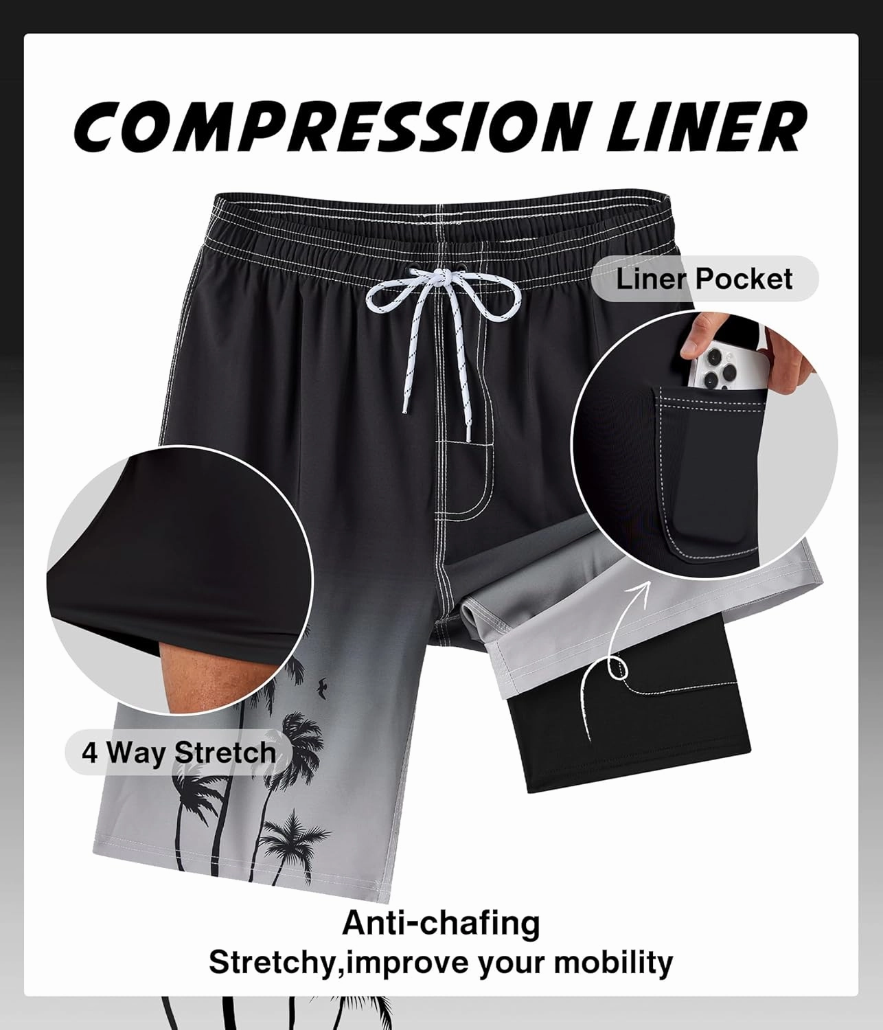 Mens Swim Trunks with Compression Liner 9" Swim Trunks Quick Dry Surfing Beach Shorts Hawaii Sports Shorts