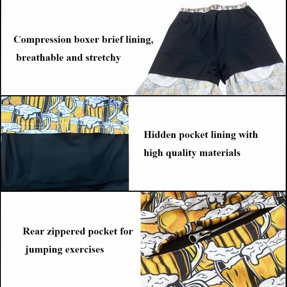 Mens Swim Trunks with Compression Liner Quick Dry Zipper Pocket Bathing