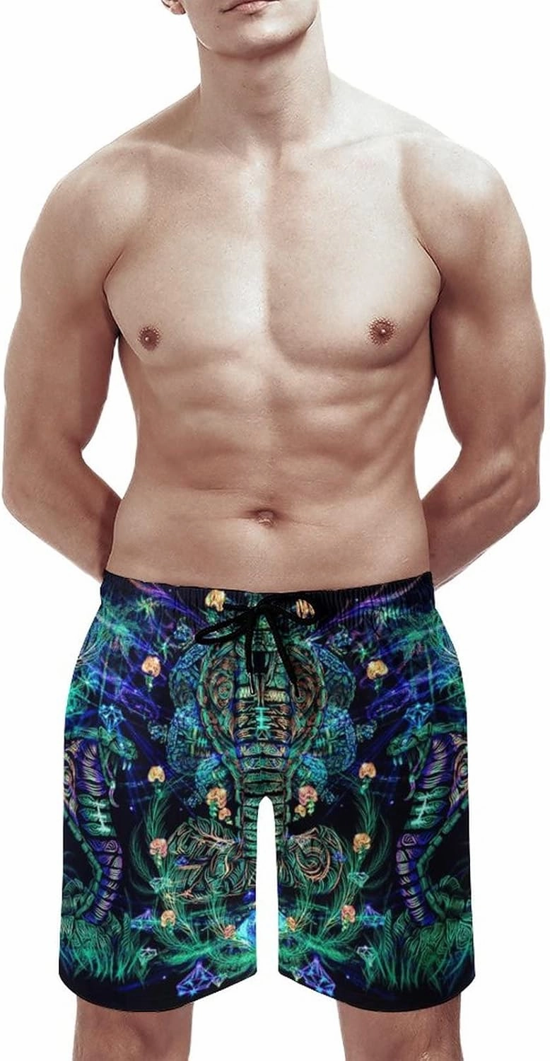 Mens Trippy Psychedelic Swim Trunks Beach Board Shorts with Mesh Lining and Pockets