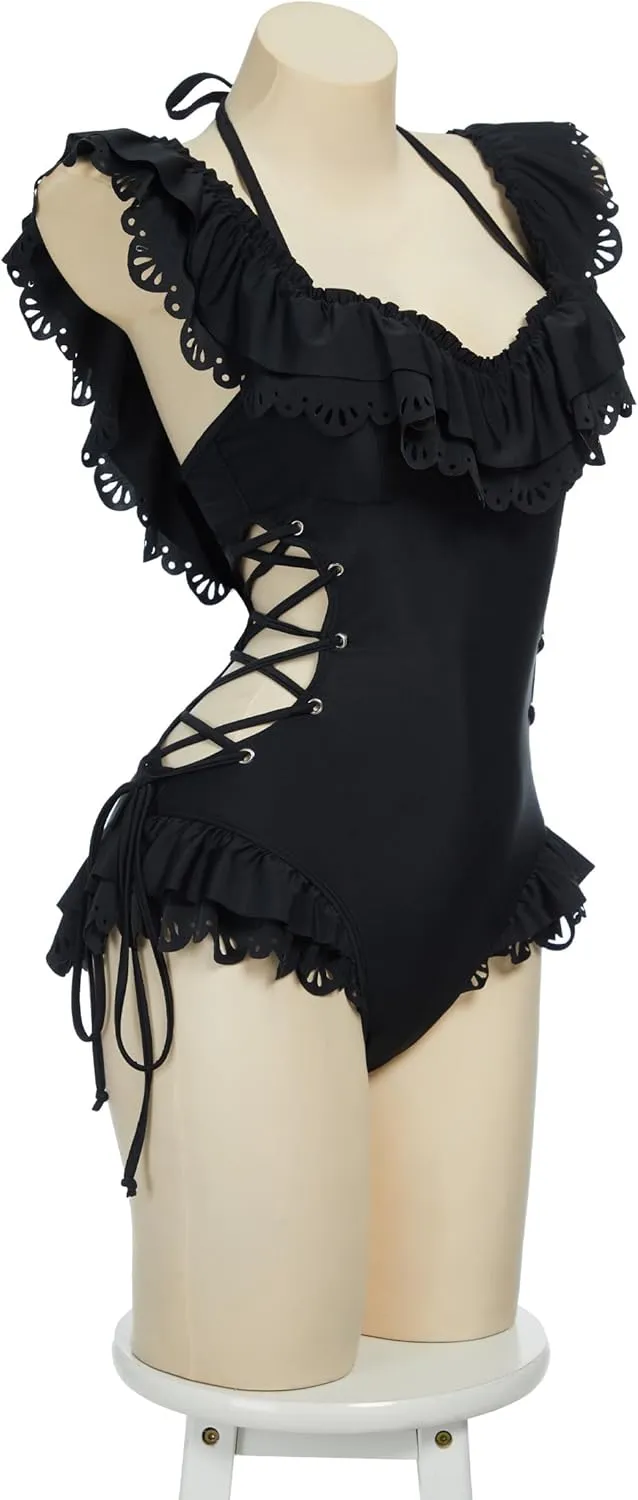 MEOWCOS Women One Piece Swimsuits Retro Victorian Style Swimsuit Gothic Halter Bathing Suit