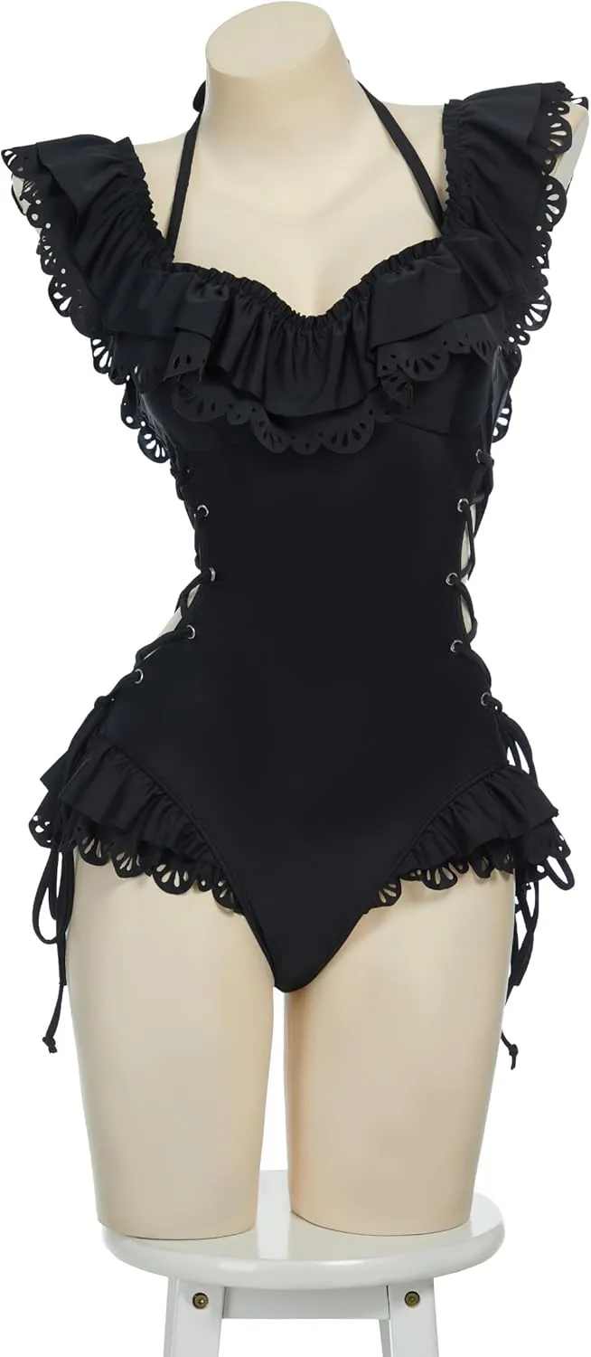 MEOWCOS Women One Piece Swimsuits Retro Victorian Style Swimsuit Gothic Halter Bathing Suit