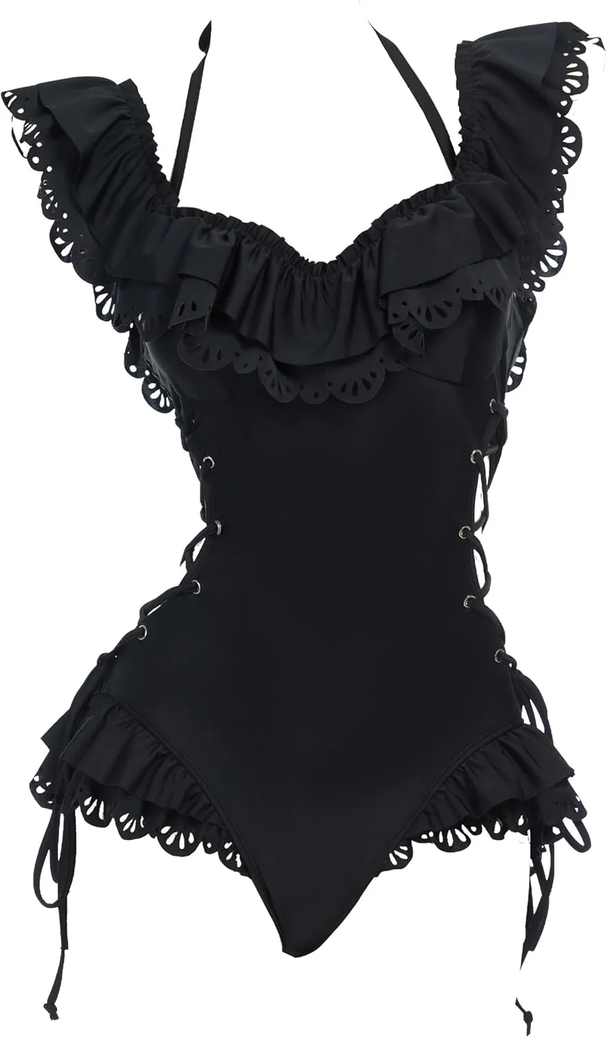 MEOWCOS Women One Piece Swimsuits Retro Victorian Style Swimsuit Gothic Halter Bathing Suit
