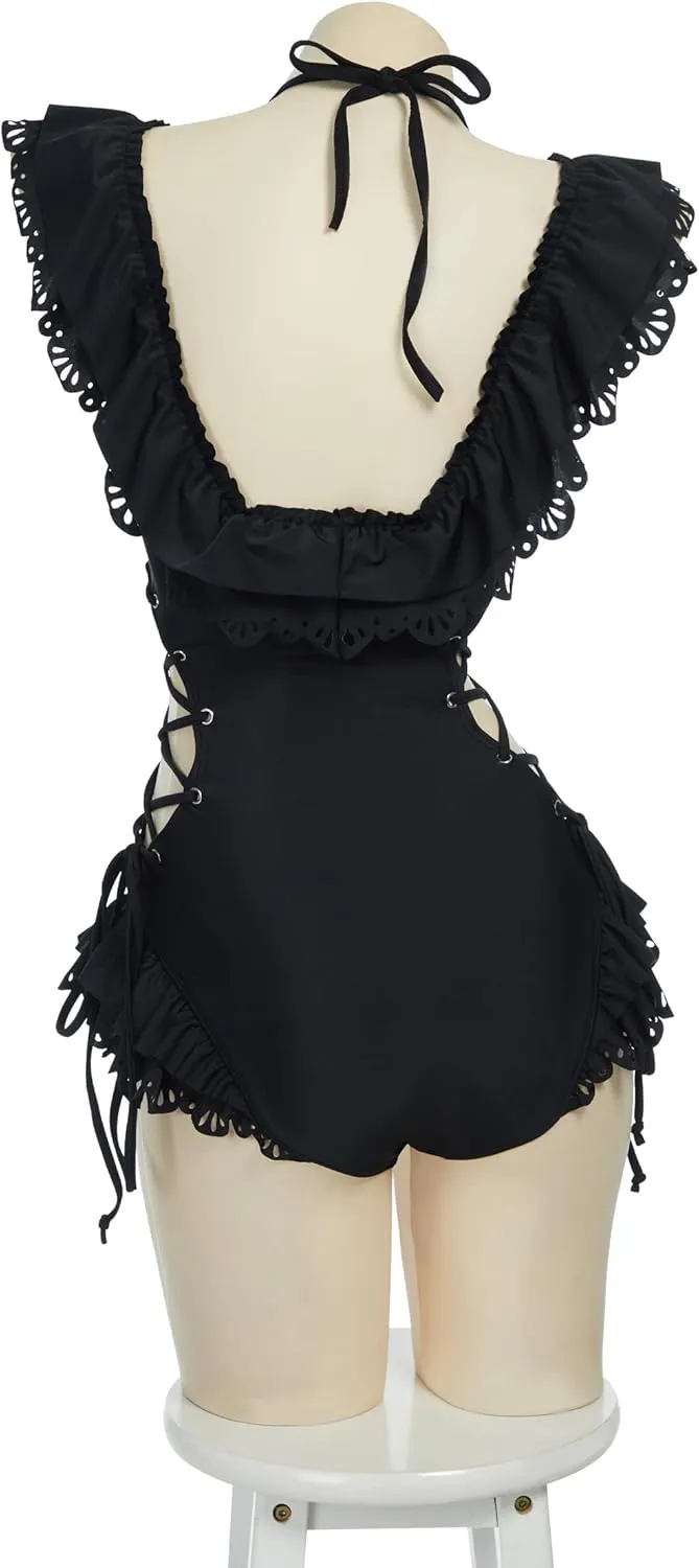 MEOWCOS Women One Piece Swimsuits Retro Victorian Style Swimsuit Gothic Halter Bathing Suit