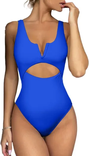 Meyeeka Womens One Piece Swimsuits Tummy Control Bathing Suit for Women Push Up Swimwear V Neck High Cut Monokini