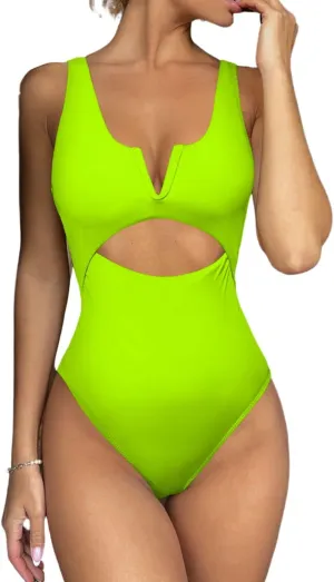 Meyeeka Womens One Piece Swimsuits Tummy Control Bathing Suit for Women Push Up Swimwear V Neck High Cut Monokini