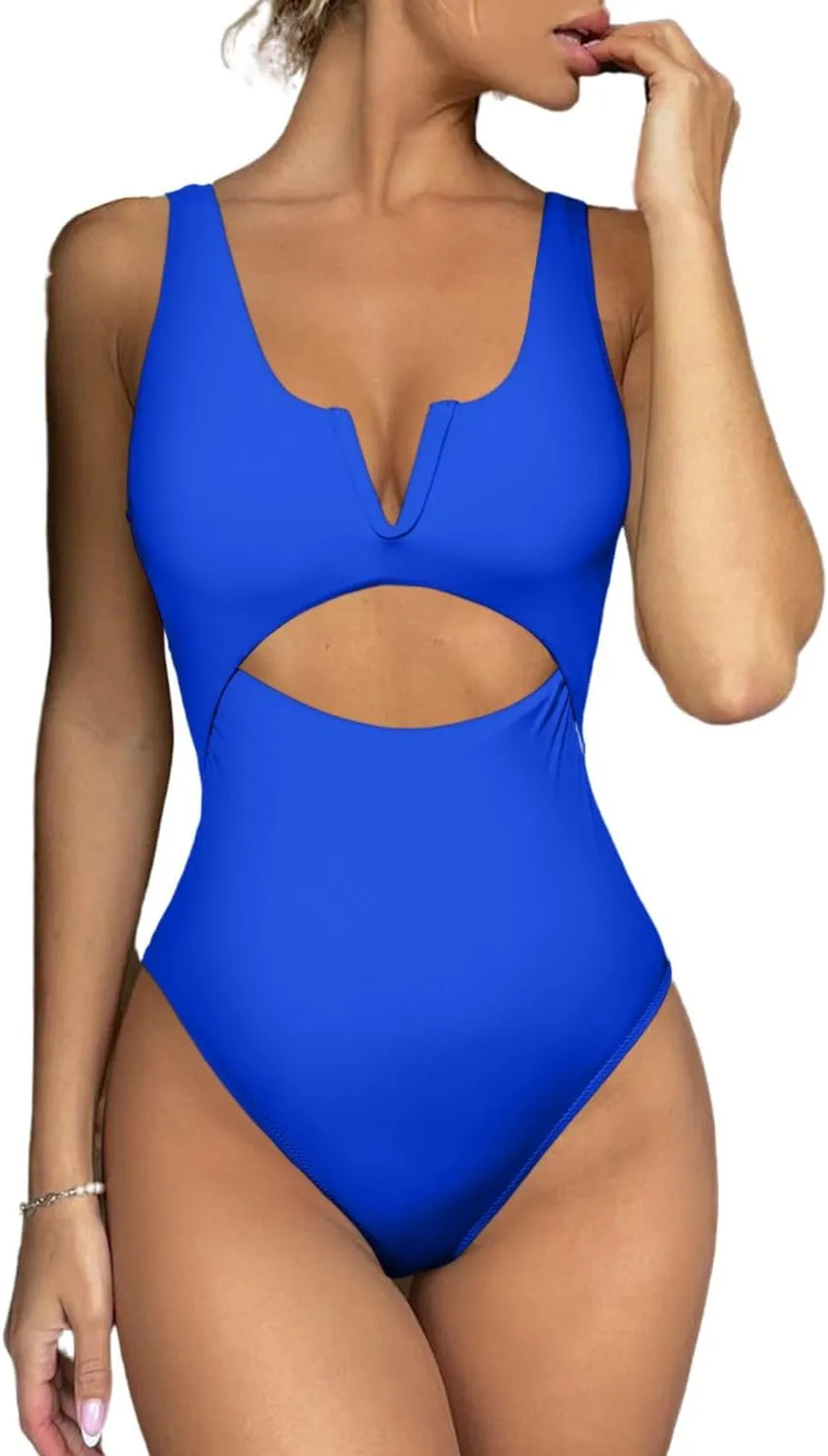 Meyeeka Womens One Piece Swimsuits Tummy Control Bathing Suit for Women Push Up Swimwear V Neck High Cut Monokini