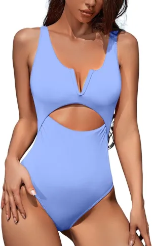 Meyeeka Womens One Piece Swimsuits Tummy Control Bathing Suit for Women Push Up Swimwear V Neck High Cut Monokini