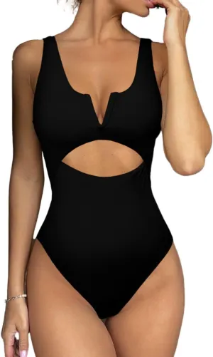 Meyeeka Womens One Piece Swimsuits Tummy Control Bathing Suit for Women Push Up Swimwear V Neck High Cut Monokini