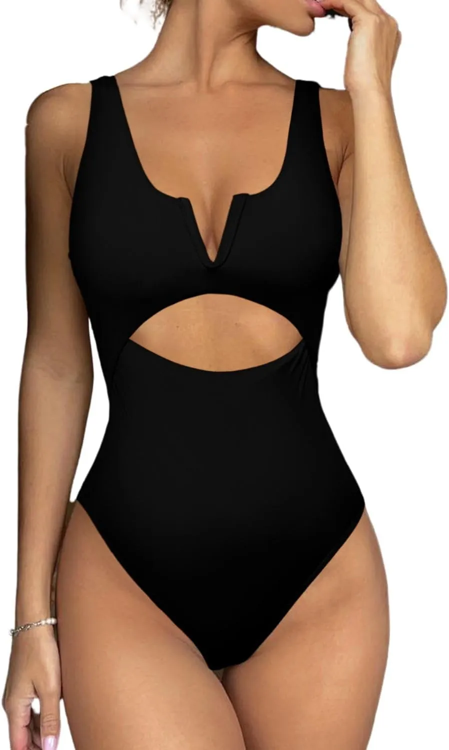 Meyeeka Womens One Piece Swimsuits Tummy Control Bathing Suit for Women Push Up Swimwear V Neck High Cut Monokini