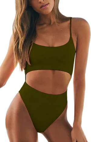 Meyeeka Womens Scoop Neck Cut Out Front Lace Up Back High Cut Monokini One Piece Swimsuit