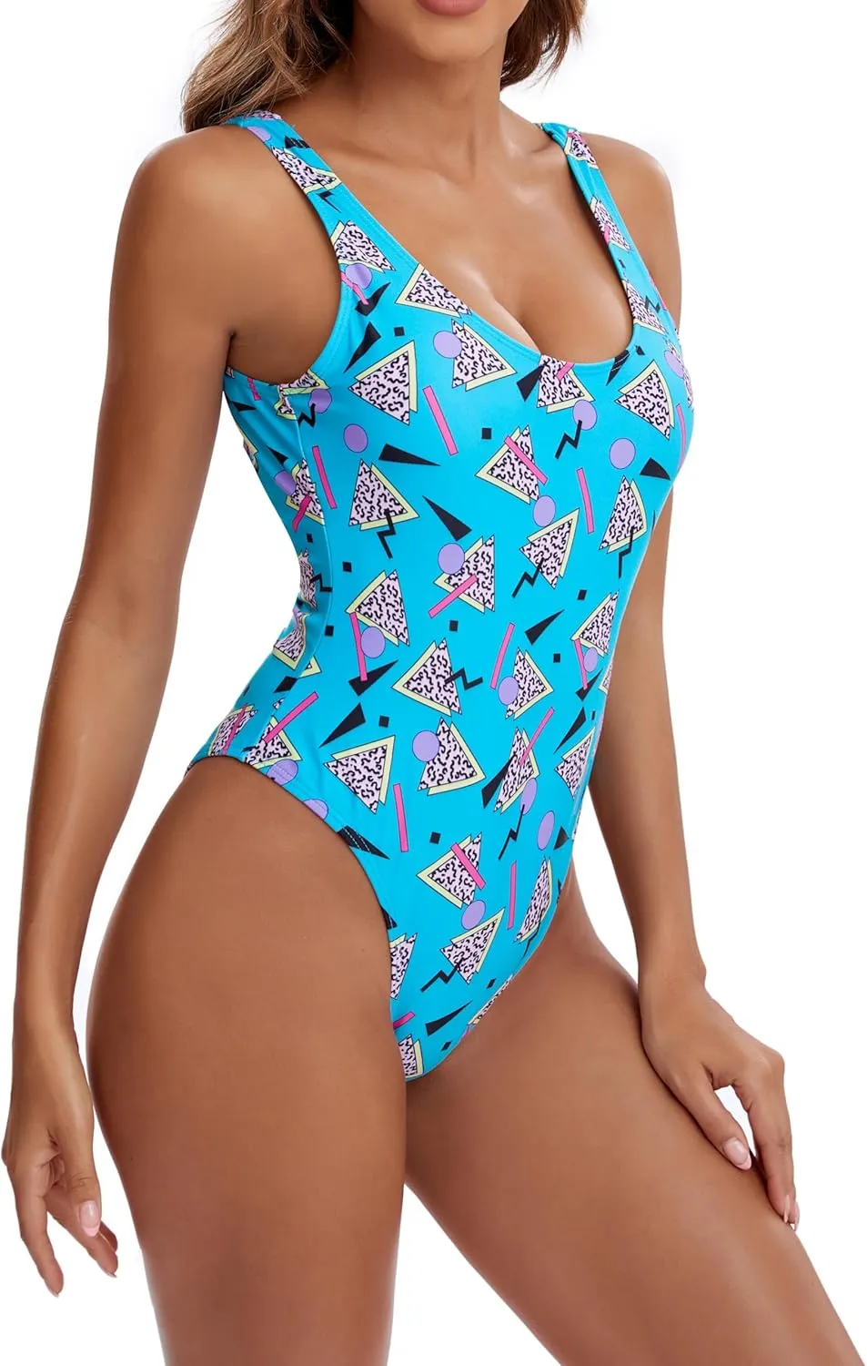 MIAIULIA Women's Retro 80s/90s Inspired High Cut Low Back Padding One Piece Swimwear Bathing Suits