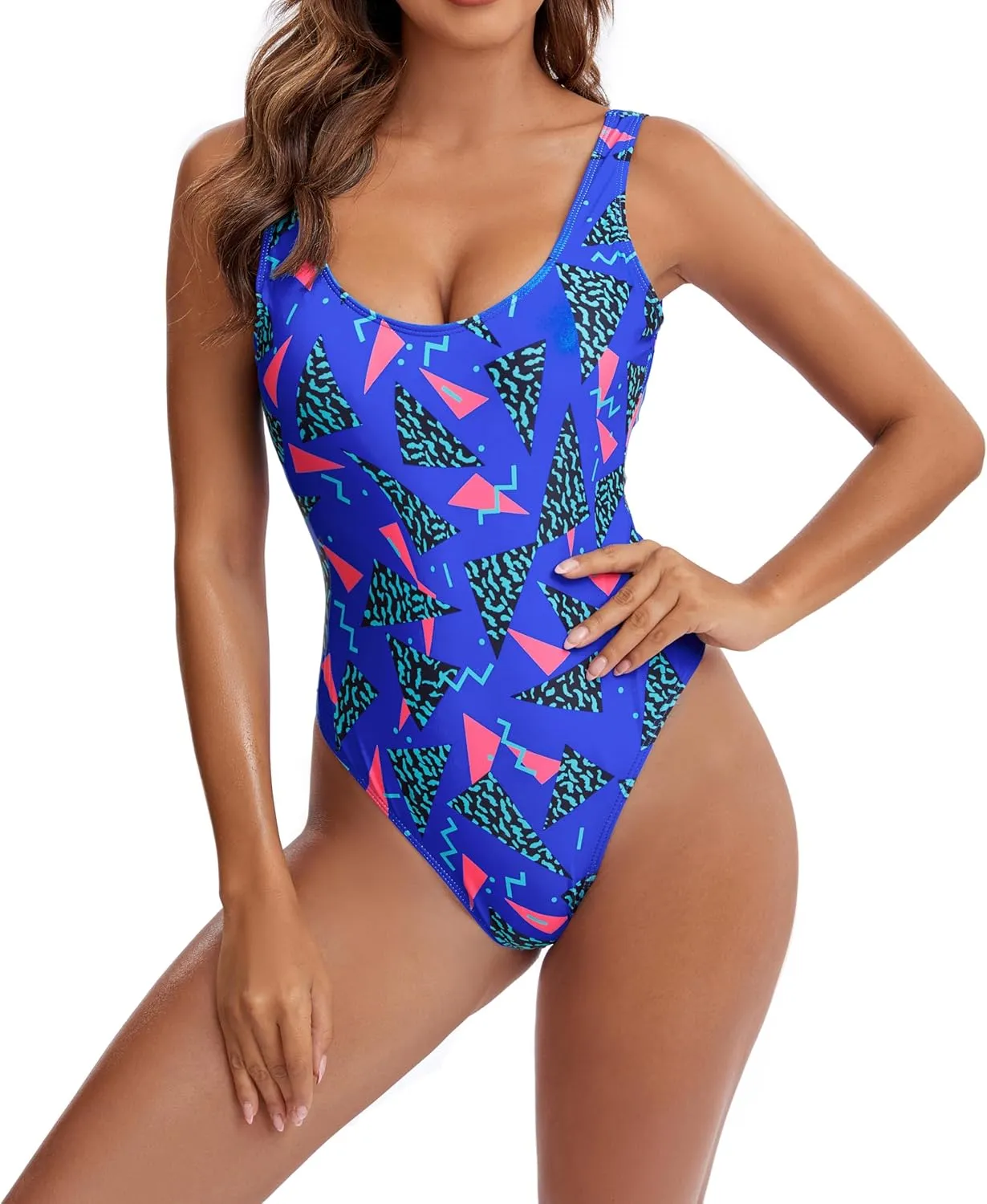 MIAIULIA Women's Retro 80s/90s Inspired High Cut Low Back Padding One Piece Swimwear Bathing Suits
