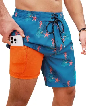 Milin Naco Mens Swim Trunks 7 Inch Inseam Compression Liner 2 in 1 Printed Swimming Short
