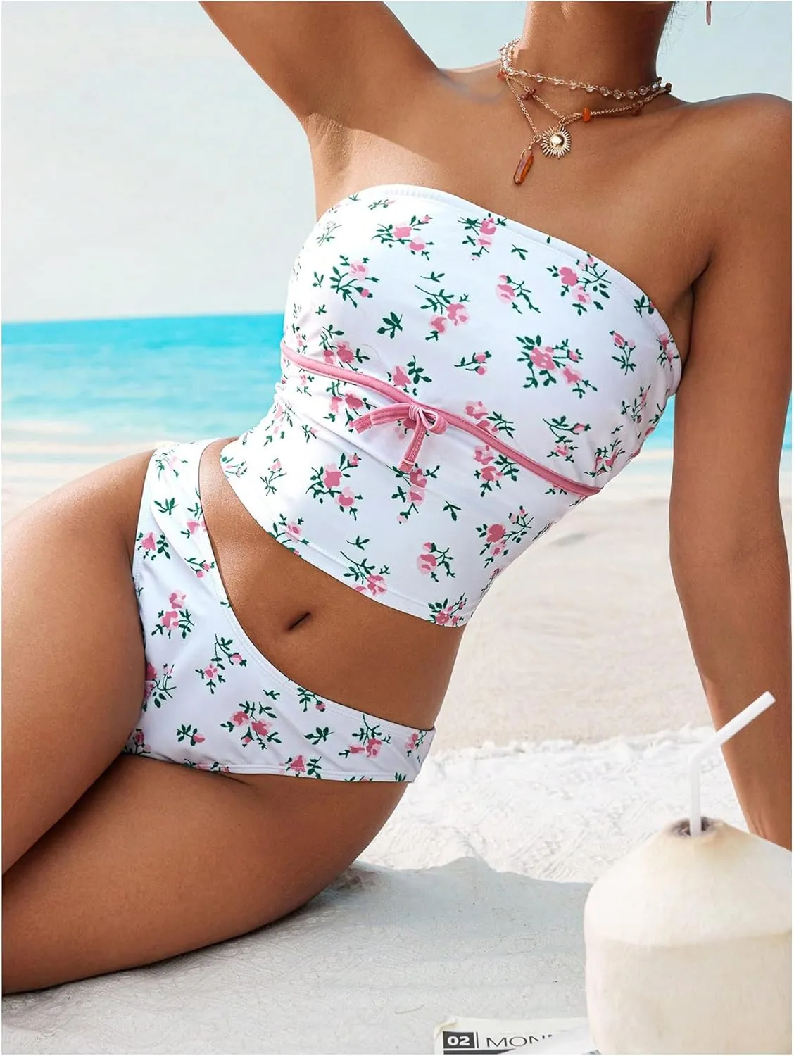 Milumia Women's 2 Piece Bandeau Bikini Set Ditsy Floral Strapless Tankini Swimsuits