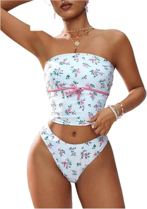 Milumia Women's 2 Piece Bandeau Bikini Set Ditsy Floral Strapless Tankini Swimsuits