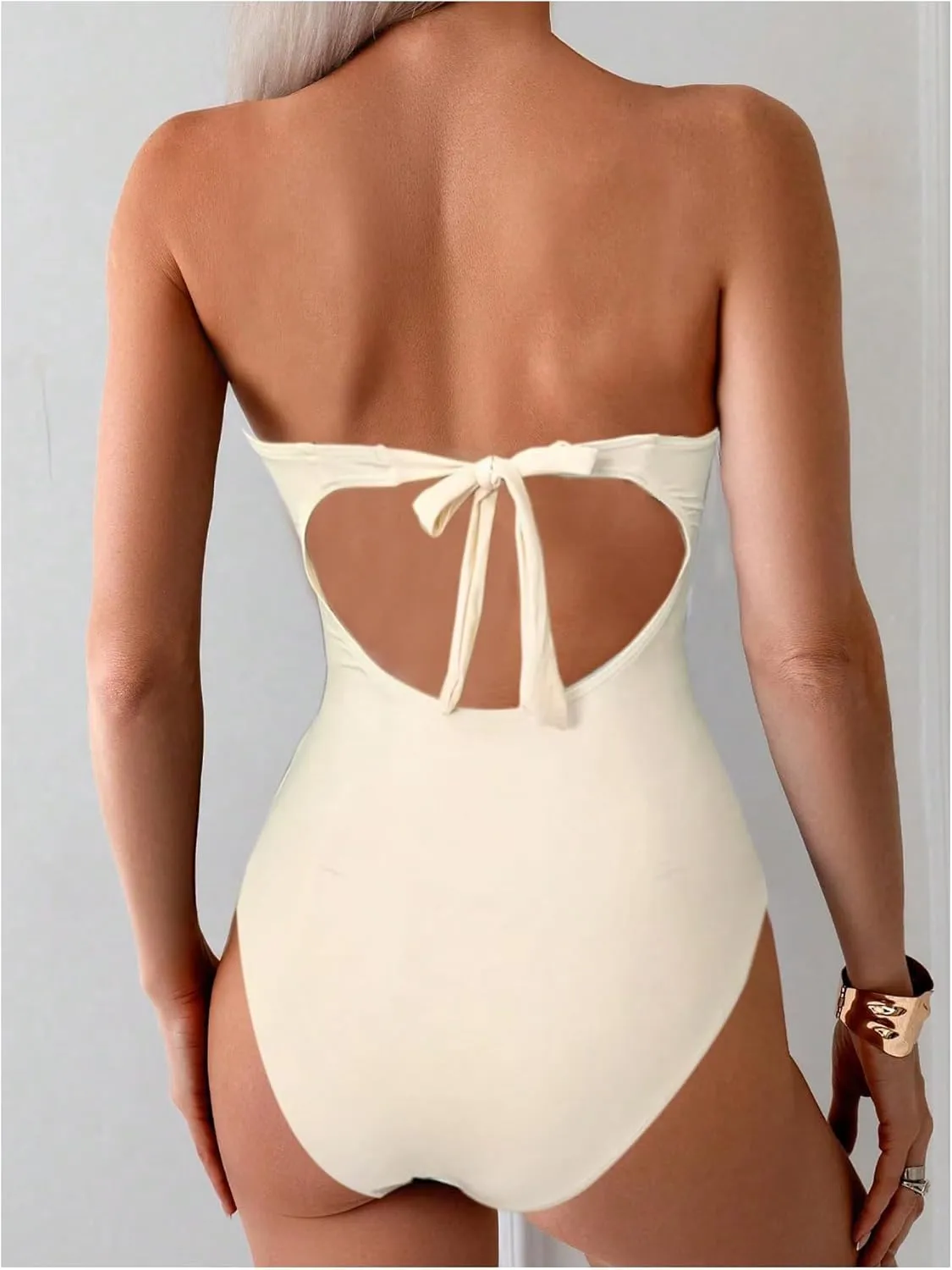 Milumia Women's Metal Ring One Piece Swimsuit Cut Out Strapless Bandeau Bathing Suits