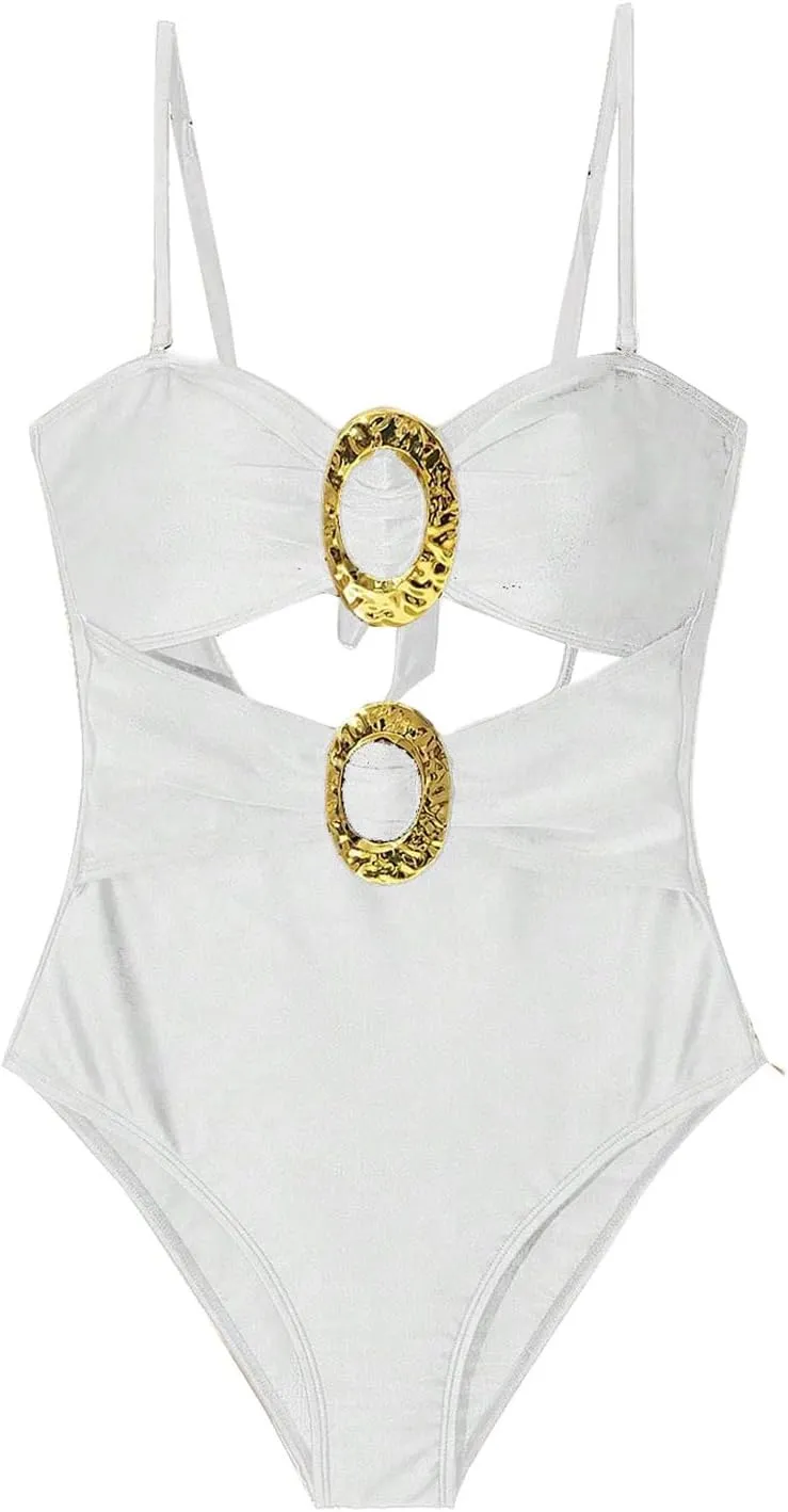Milumia Women's Metal Ring One Piece Swimsuit Cut Out Strapless Bandeau Bathing Suits