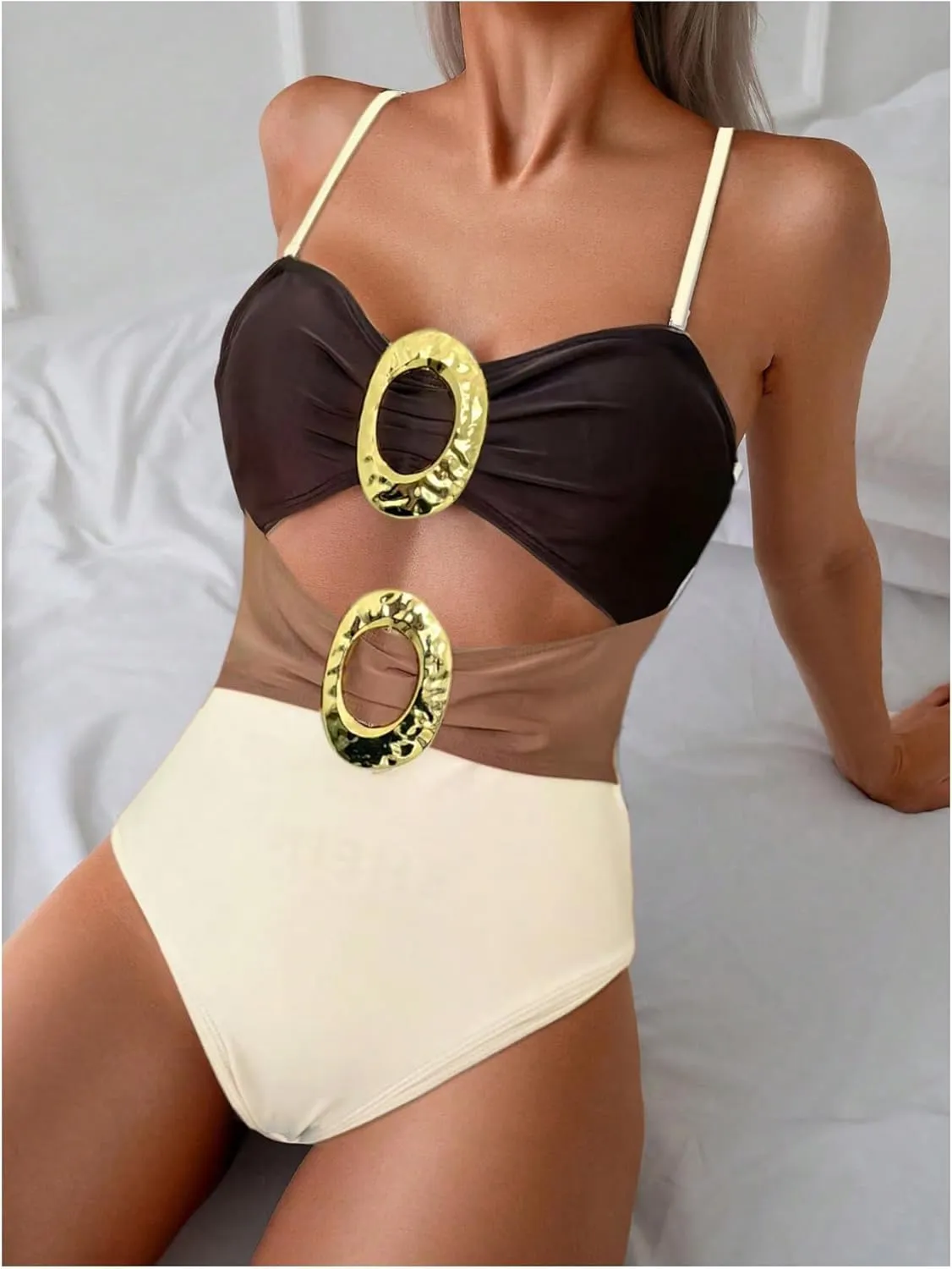 Milumia Women's Metal Ring One Piece Swimsuit Cut Out Strapless Bandeau Bathing Suits