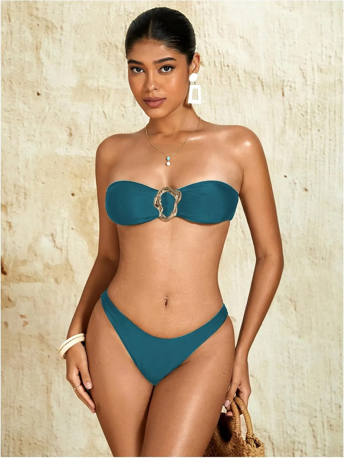 Milumia Women's Metal Ring Strapless Bikini Set High Cut Two Piece Bandeau Swimsuit Bathing Suit