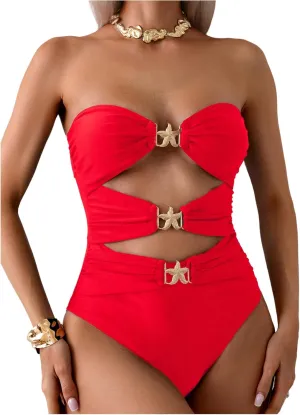 Milumia Women's Metal Starfish Cut Out Strapless Bathing Suit Ruched Bandeau Tube Top One Piece Swimsuits