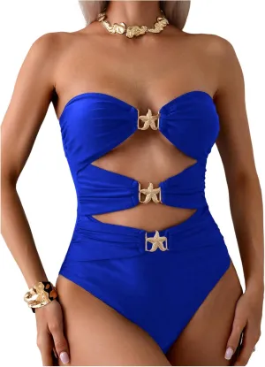 Milumia Women's Metal Starfish Cut Out Strapless Bathing Suit Ruched Bandeau Tube Top One Piece Swimsuits