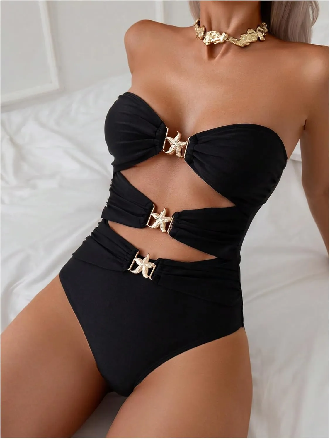 Milumia Women's Metal Starfish Cut Out Strapless Bathing Suit Ruched Bandeau Tube Top One Piece Swimsuits